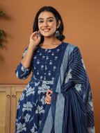 Yufta Cotton Blue Anarkali Dupatta Set | Grocsy
