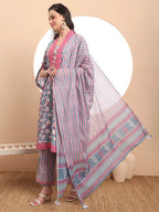 Yufta Cotton Blue Kurta Dupatta Set With Lace Detailing | Grocsy
