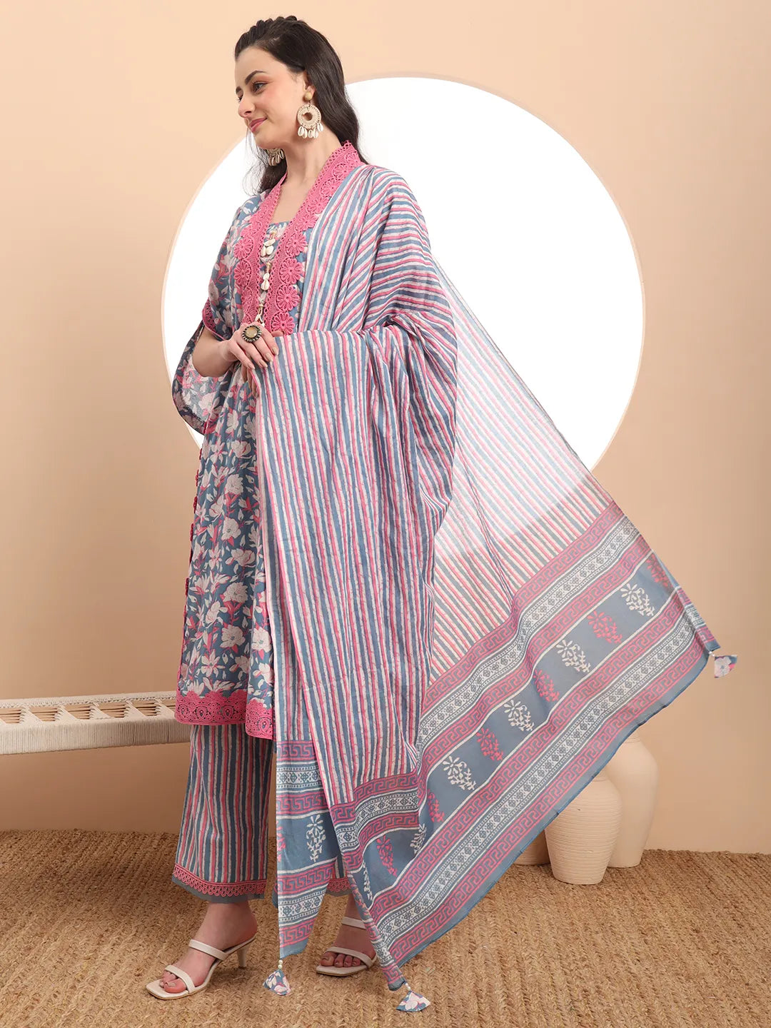 Yufta Cotton Blue Kurta Dupatta Set With Lace Detailing | Grocsy