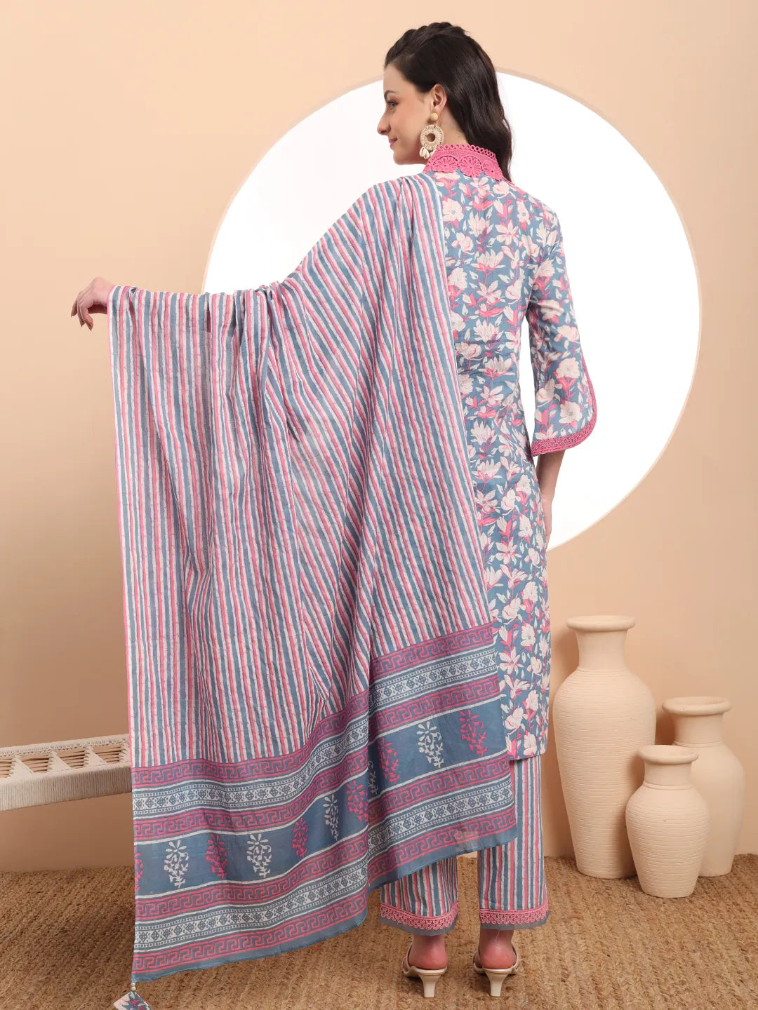 Yufta Cotton Blue Kurta Dupatta Set With Lace Detailing | Grocsy