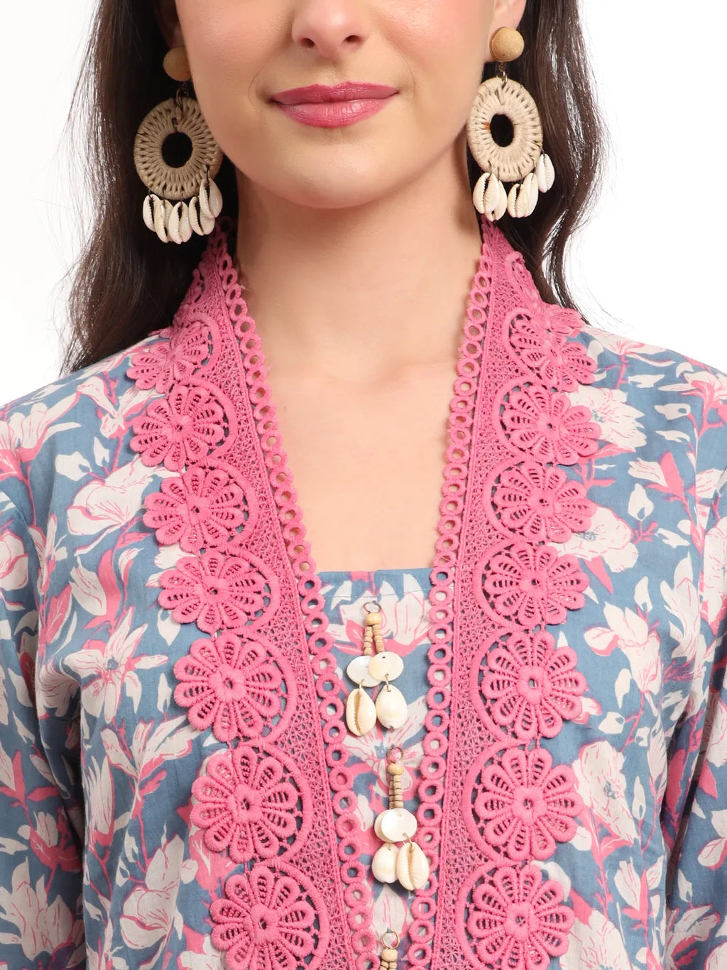 Yufta Cotton Blue Kurta Dupatta Set With Lace Detailing | Grocsy
