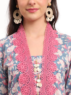 Yufta Cotton Blue Kurta Dupatta Set With Lace Detailing | Grocsy