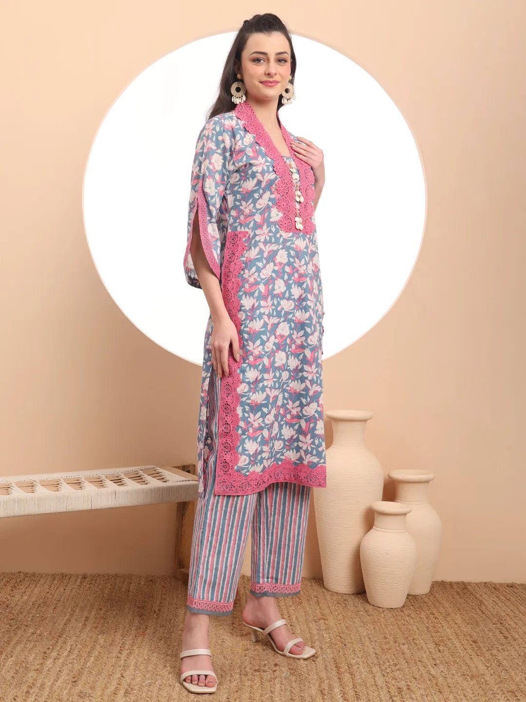 Yufta Cotton Blue Kurta Dupatta Set With Lace Detailing | Grocsy