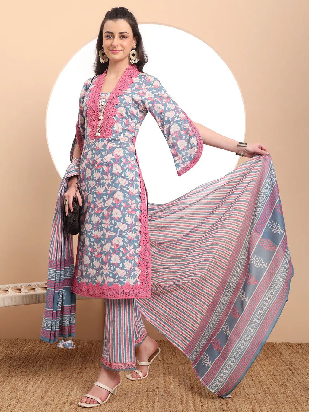Yufta Cotton Blue Kurta Dupatta Set With Lace Detailing | Grocsy