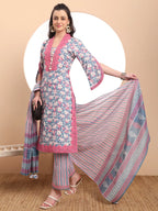 Yufta Cotton Blue Kurta Dupatta Set With Lace Detailing | Grocsy
