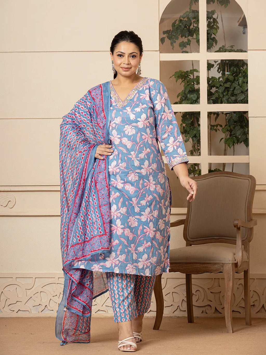 Yufta Cotton Blue Plus Size Kurta Dupatta Pant Set | Grocsy