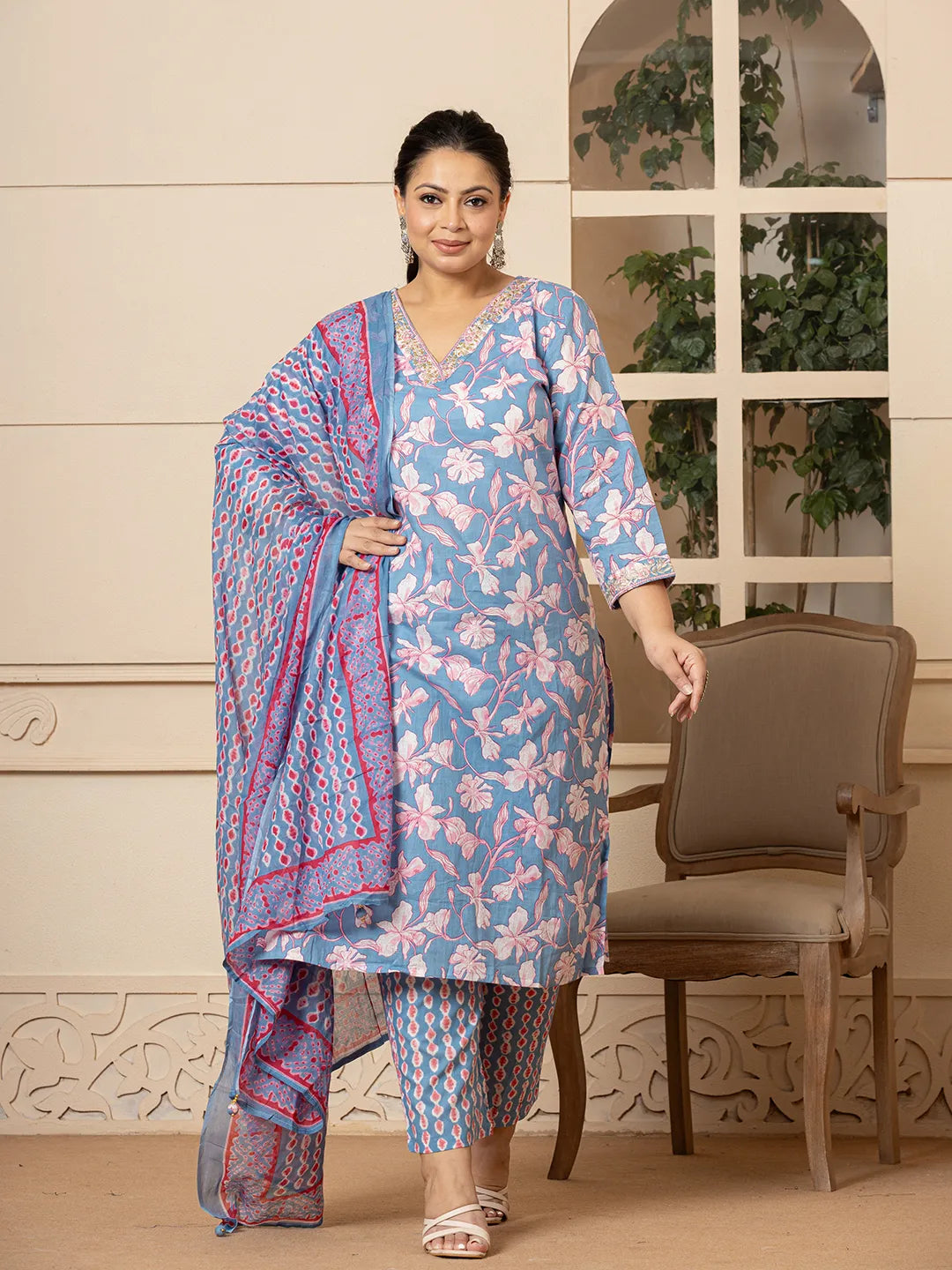 Yufta Cotton Blue Plus Size Kurta Dupatta Pant Set | Grocsy