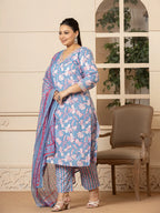 Yufta Cotton Blue Plus Size Kurta Dupatta Pant Set | Grocsy