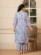 Yufta Cotton Blue Plus Size Kurta Dupatta Pant Set | Grocsy