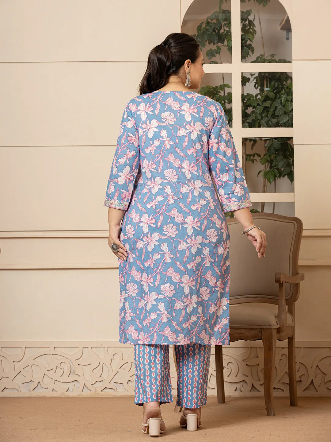 Yufta Cotton Blue Plus Size Kurta Dupatta Pant Set | Grocsy