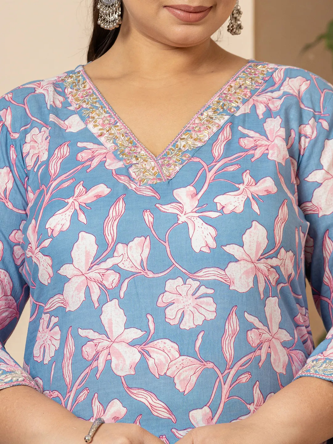Yufta Cotton Blue Plus Size Kurta Dupatta Pant Set | Grocsy