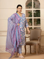 Yufta Cotton Blue Plus Size Kurta Dupatta Pant Set | Grocsy