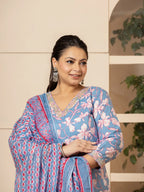 Yufta Cotton Blue Plus Size Kurta Dupatta Pant Set | Grocsy