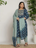 Yufta Cotton Blue Printed Plus Size Kurta Dupatta Set | Grocsy