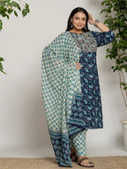 Yufta Cotton Blue Printed Plus Size Kurta Dupatta Set | Grocsy