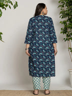 Yufta Cotton Blue Printed Plus Size Kurta Dupatta Set | Grocsy