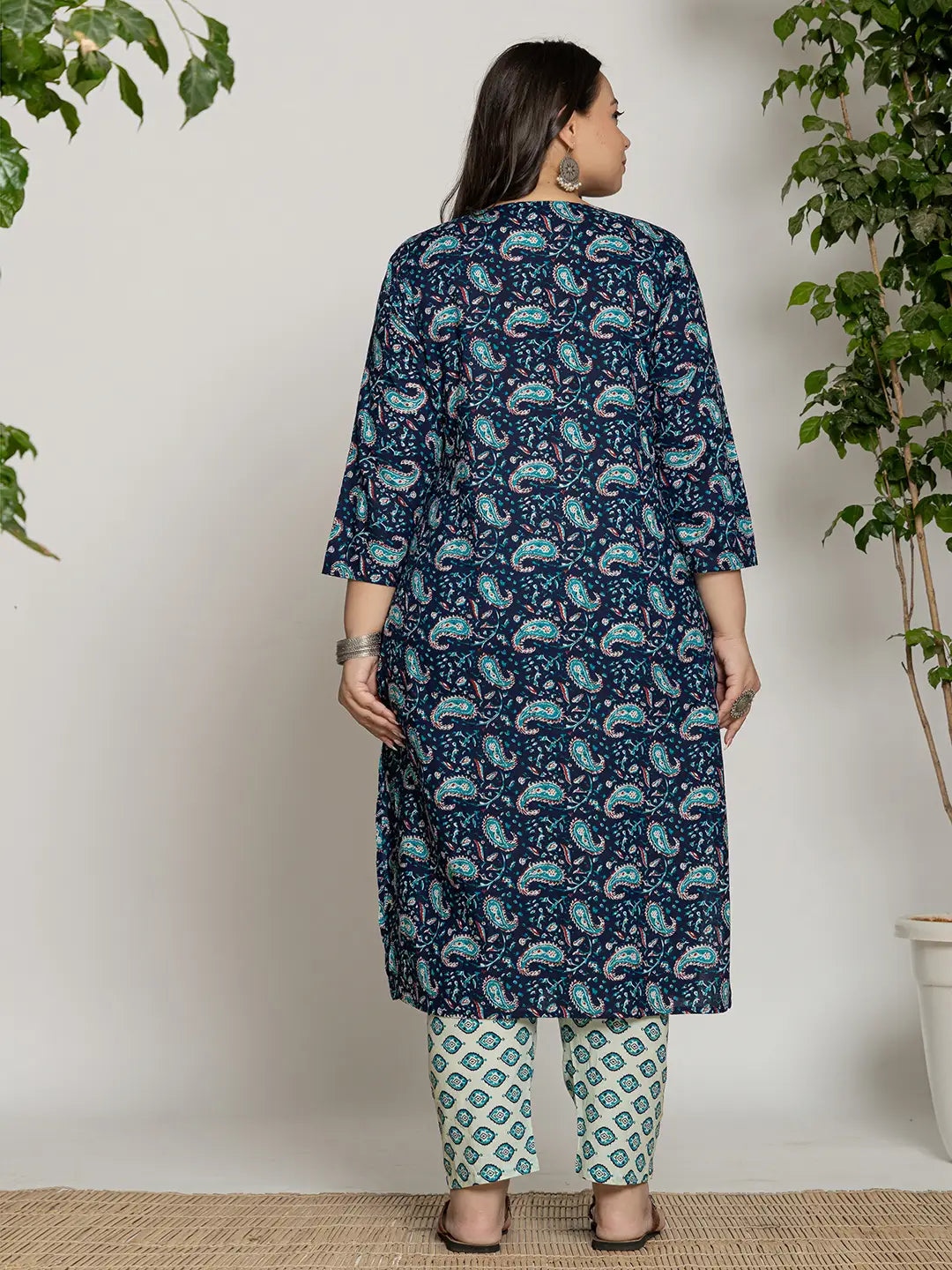Yufta Cotton Blue Printed Plus Size Kurta Dupatta Set | Grocsy