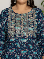 Yufta Cotton Blue Printed Plus Size Kurta Dupatta Set | Grocsy