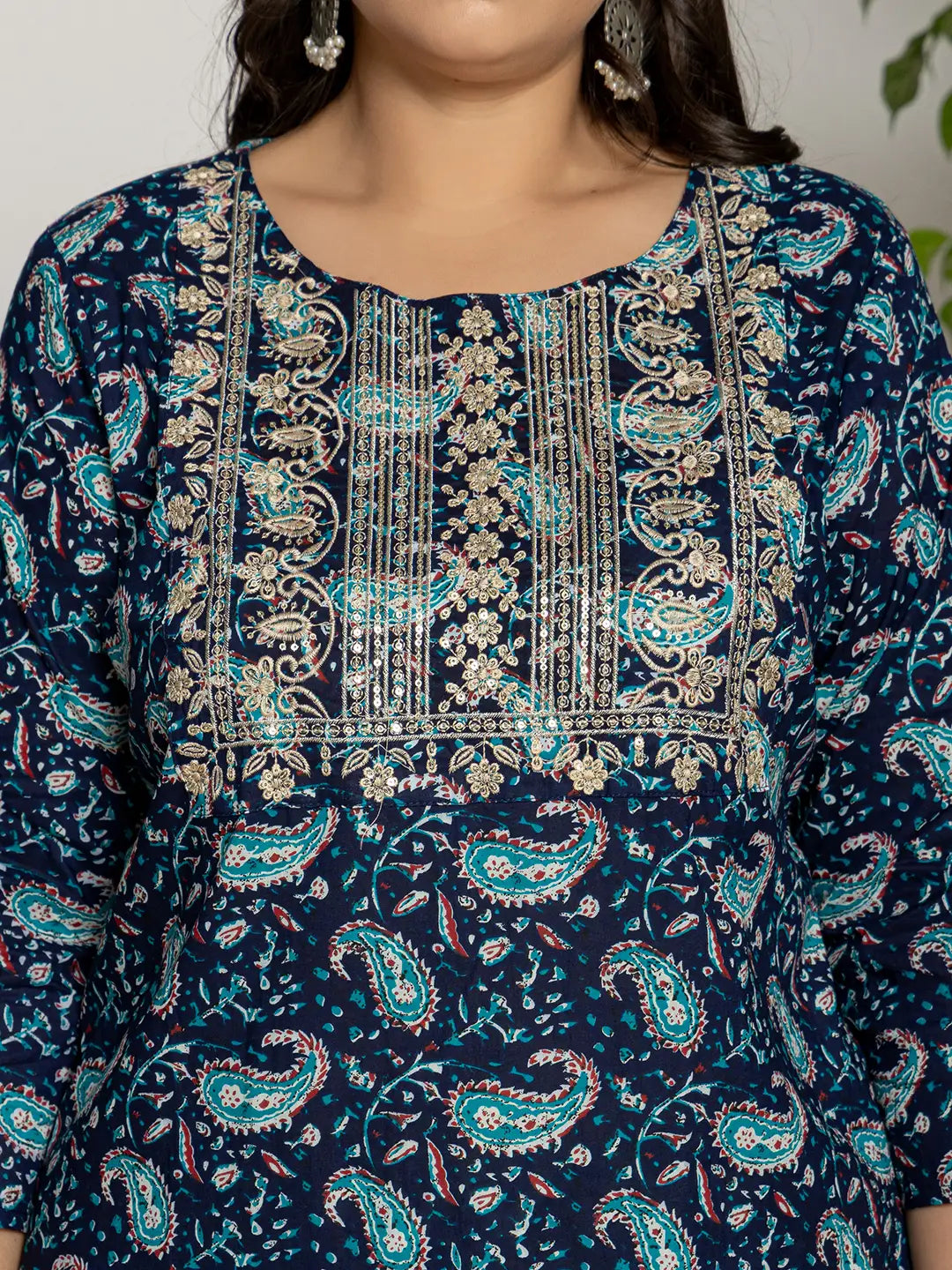 Yufta Cotton Blue Printed Plus Size Kurta Dupatta Set | Grocsy