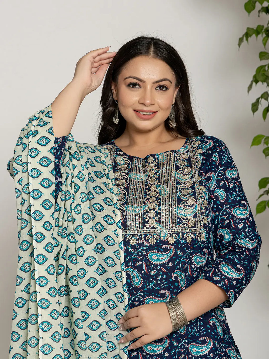 Yufta Cotton Blue Printed Plus Size Kurta Dupatta Set | Grocsy