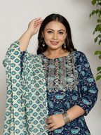Yufta Cotton Blue Printed Plus Size Kurta Dupatta Set | Grocsy