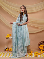 Yufta Cotton Blue Sleeveless Kurta Dupatta Set | Grocsy