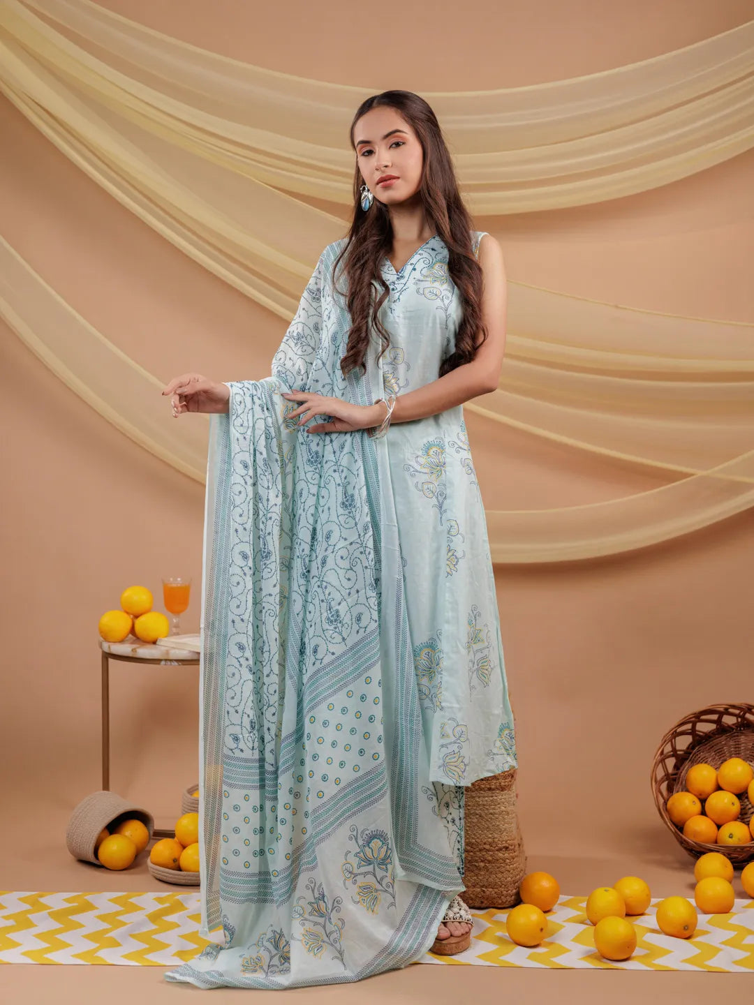 Yufta Cotton Blue Sleeveless Kurta Dupatta Set | Grocsy