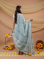 Yufta Cotton Blue Sleeveless Kurta Dupatta Set | Grocsy