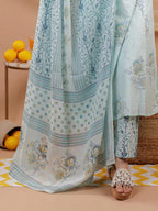 Yufta Cotton Blue Sleeveless Kurta Dupatta Set | Grocsy