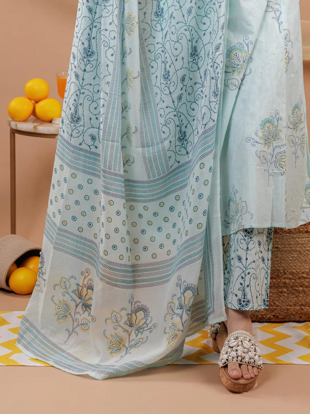 Yufta Cotton Blue Sleeveless Kurta Dupatta Set | Grocsy