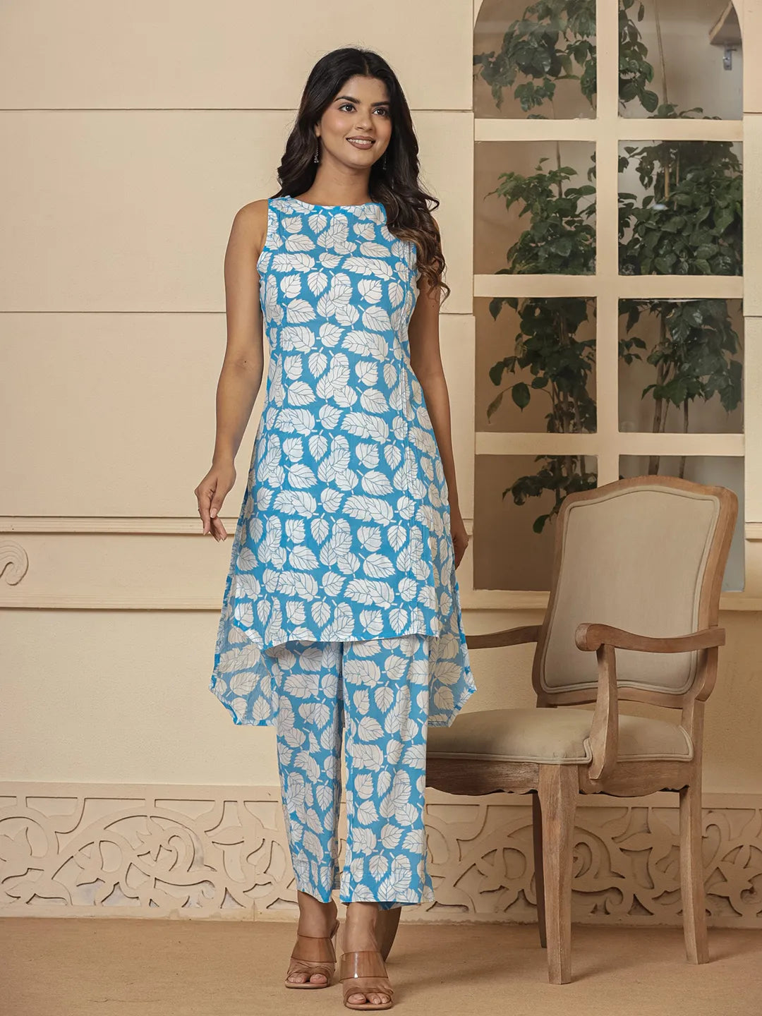 Yufta Cotton Blue Summer Leaf Print Co-Ord Set | Grocsy
