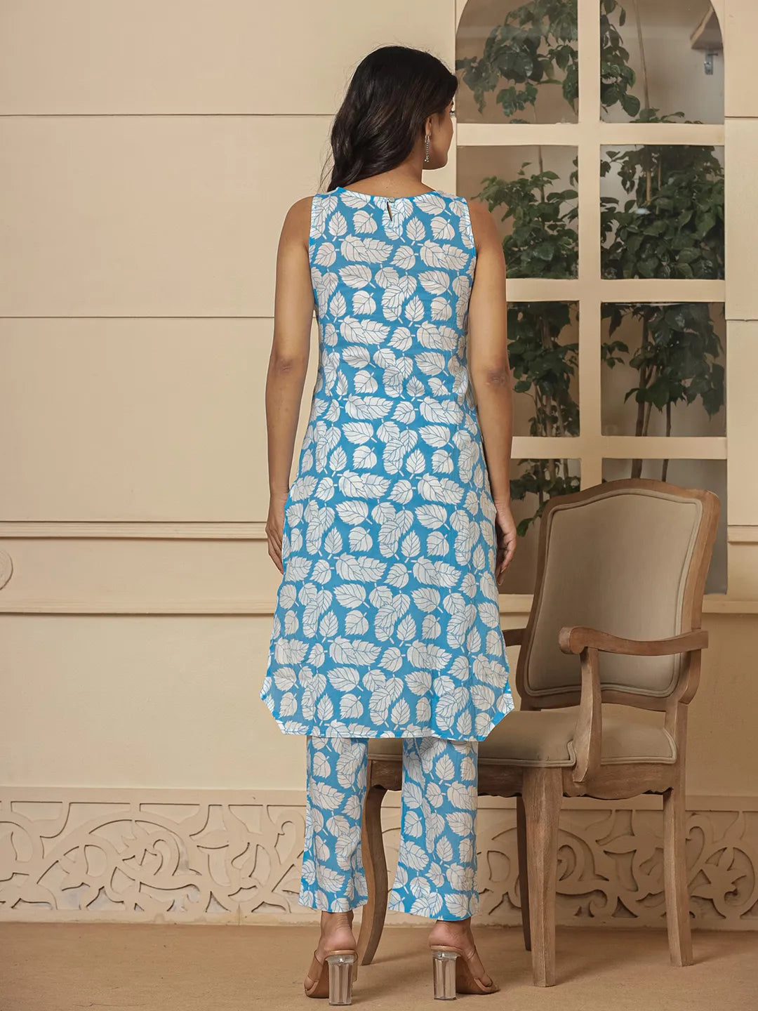 Yufta Cotton Blue Summer Leaf Print Co-Ord Set | Grocsy