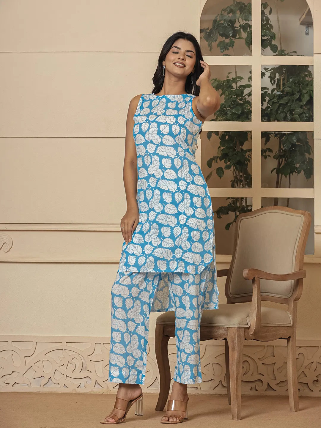 Yufta Cotton Blue Summer Leaf Print Co-Ord Set | Grocsy