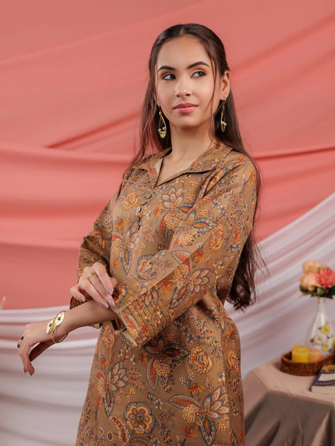 Yufta Cotton Brown Digital Printed Work Wear Co-Ord Set With Pintuck Detailing On Sleeves | Grocsy