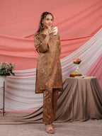 Yufta Cotton Brown Digital Printed Work Wear Co-Ord Set With Pintuck Detailing On Sleeves | Grocsy