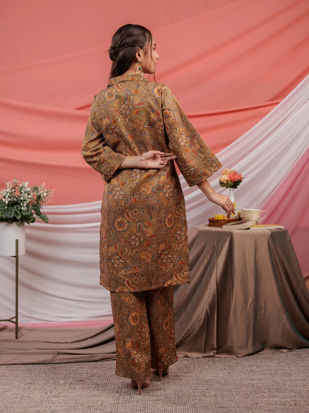 Yufta Cotton Brown Digital Printed Work Wear Co-Ord Set With Pintuck Detailing On Sleeves | Grocsy