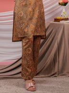 Yufta Cotton Brown Digital Printed Work Wear Co-Ord Set With Pintuck Detailing On Sleeves | Grocsy
