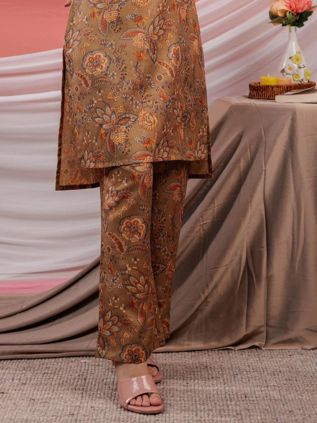 Yufta Cotton Brown Digital Printed Work Wear Co-Ord Set With Pintuck Detailing On Sleeves | Grocsy