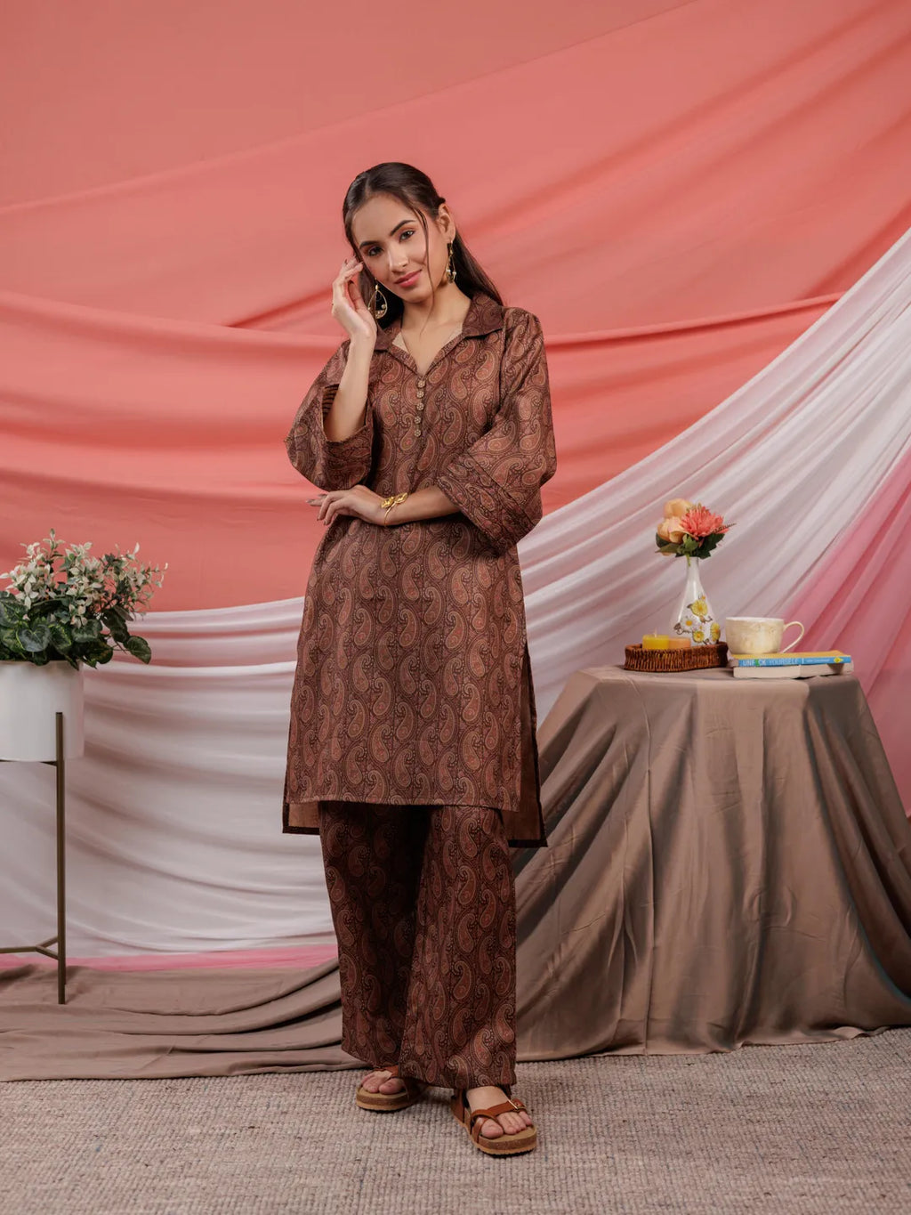 Yufta Cotton Brown Digital Printed Workwear Co-Ord Set With Pintuck Detailing On Flared Sleeves | Grocsy