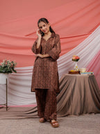 Yufta Cotton Brown Digital Printed Workwear Co-Ord Set With Pintuck Detailing On Flared Sleeves | Grocsy