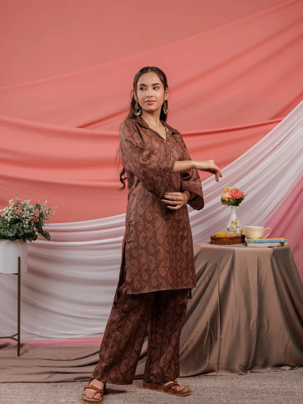 Yufta Cotton Brown Digital Printed Workwear Co-Ord Set With Pintuck Detailing On Flared Sleeves | Grocsy