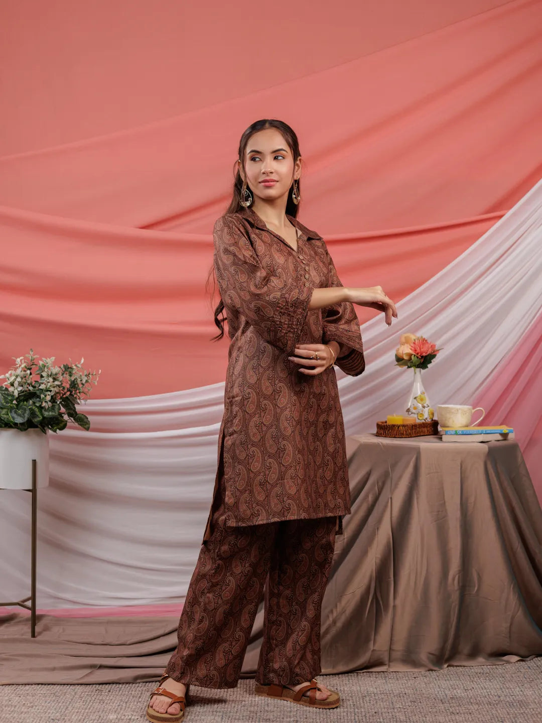 Yufta Cotton Brown Digital Printed Workwear Co-Ord Set With Pintuck Detailing On Flared Sleeves | Grocsy