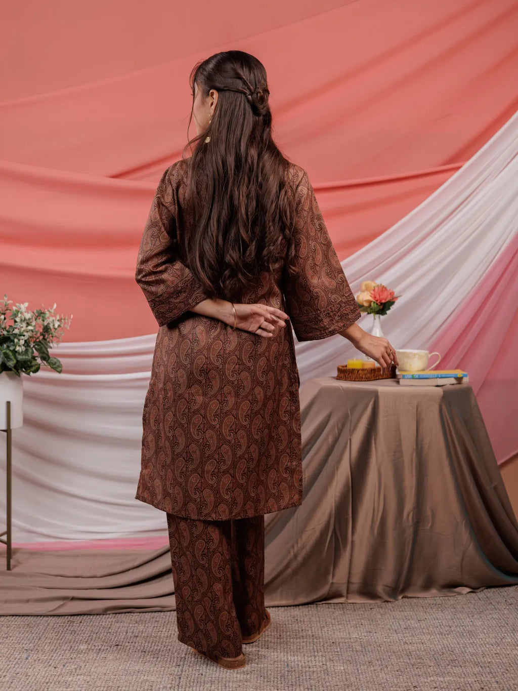 Yufta Cotton Brown Digital Printed Workwear Co-Ord Set With Pintuck Detailing On Flared Sleeves | Grocsy