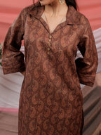 Yufta Cotton Brown Digital Printed Workwear Co-Ord Set With Pintuck Detailing On Flared Sleeves | Grocsy