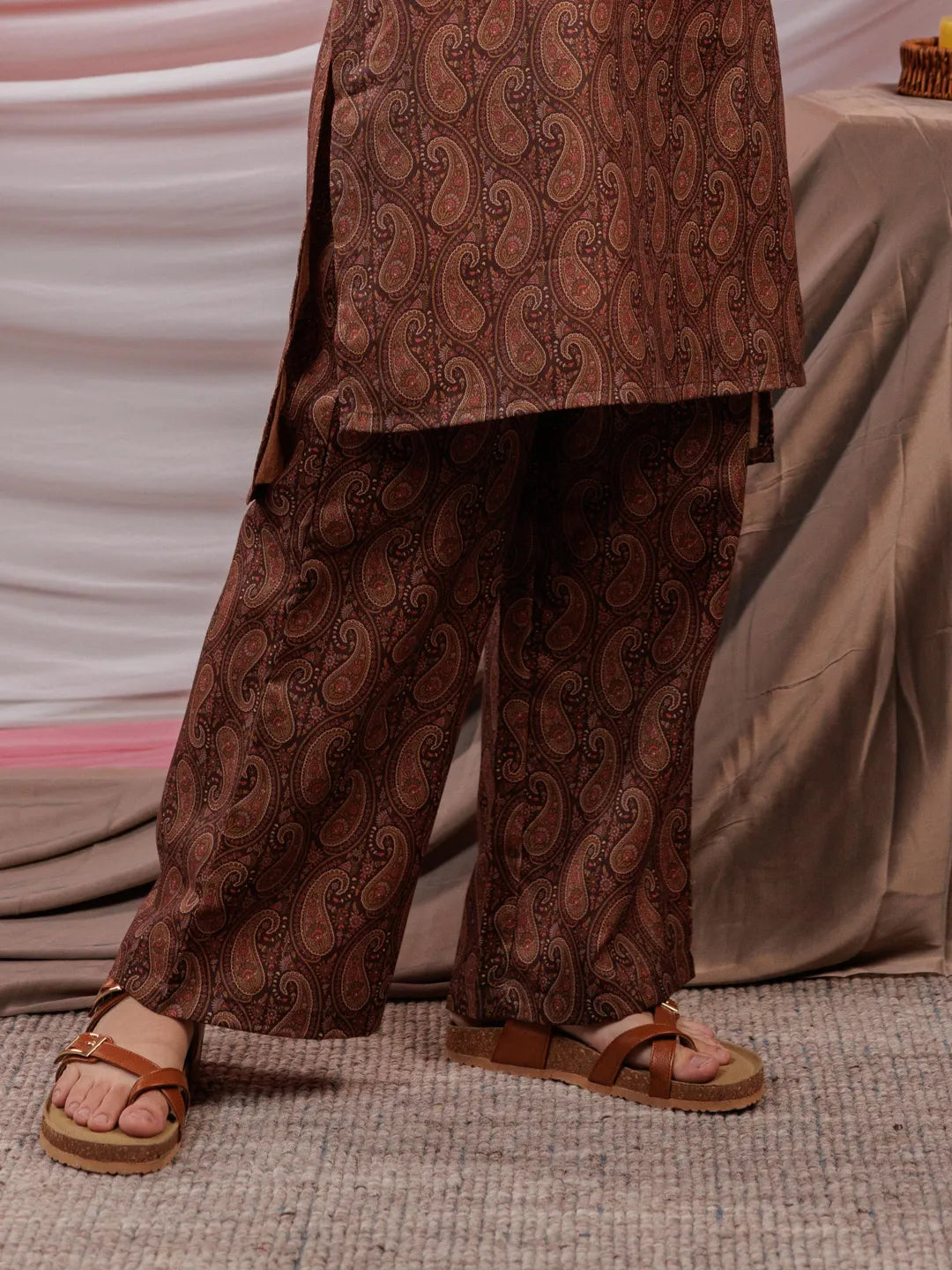 Yufta Cotton Brown Digital Printed Workwear Co-Ord Set With Pintuck Detailing On Flared Sleeves | Grocsy