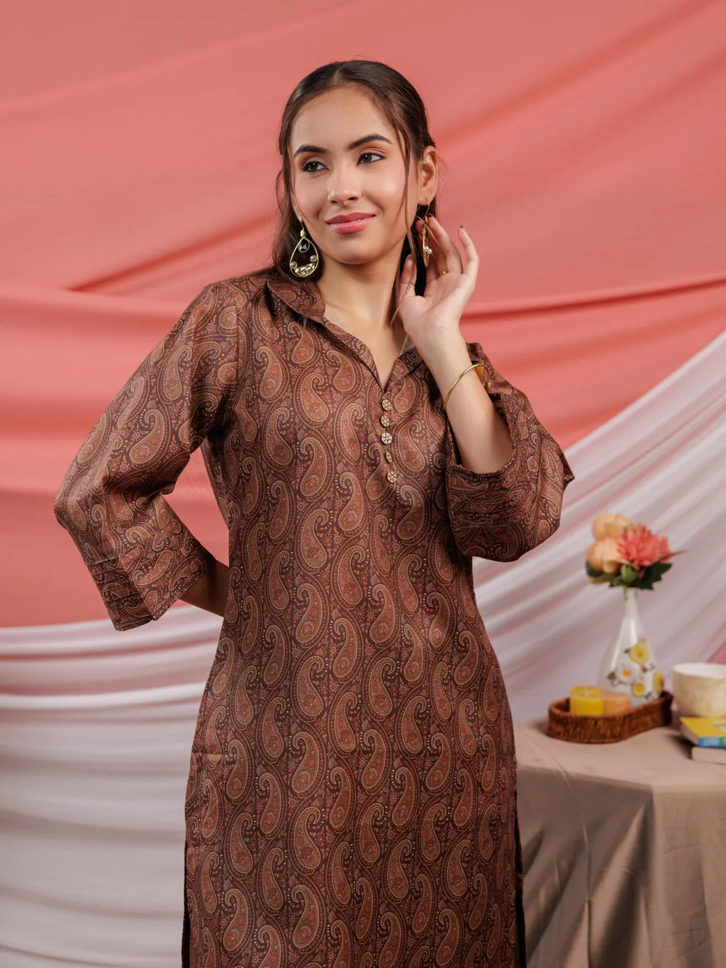 Yufta Cotton Brown Digital Printed Workwear Co-Ord Set With Pintuck Detailing On Flared Sleeves | Grocsy