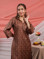 Yufta Cotton Brown Digital Printed Workwear Co-Ord Set With Pintuck Detailing On Flared Sleeves | Grocsy