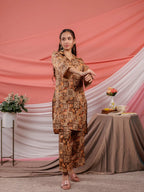 Yufta Cotton Brown Digital Printed Workwear Co-Ord Set With Pintuck Detailing On Sleeves | Grocsy