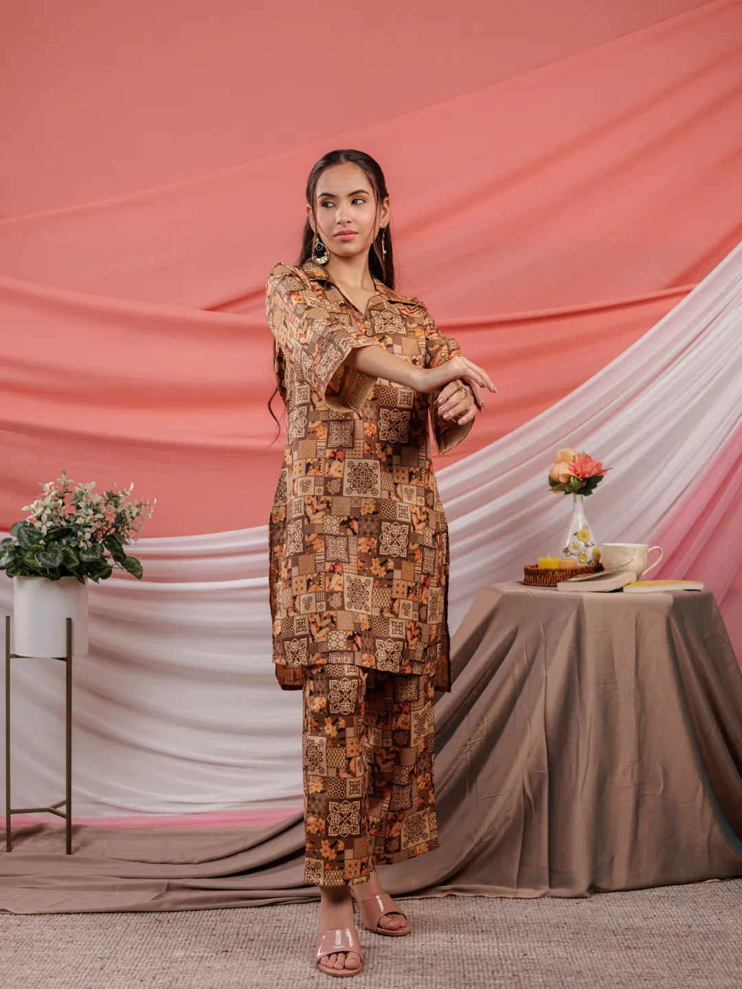 Yufta Cotton Brown Digital Printed Workwear Co-Ord Set With Pintuck Detailing On Sleeves | Grocsy