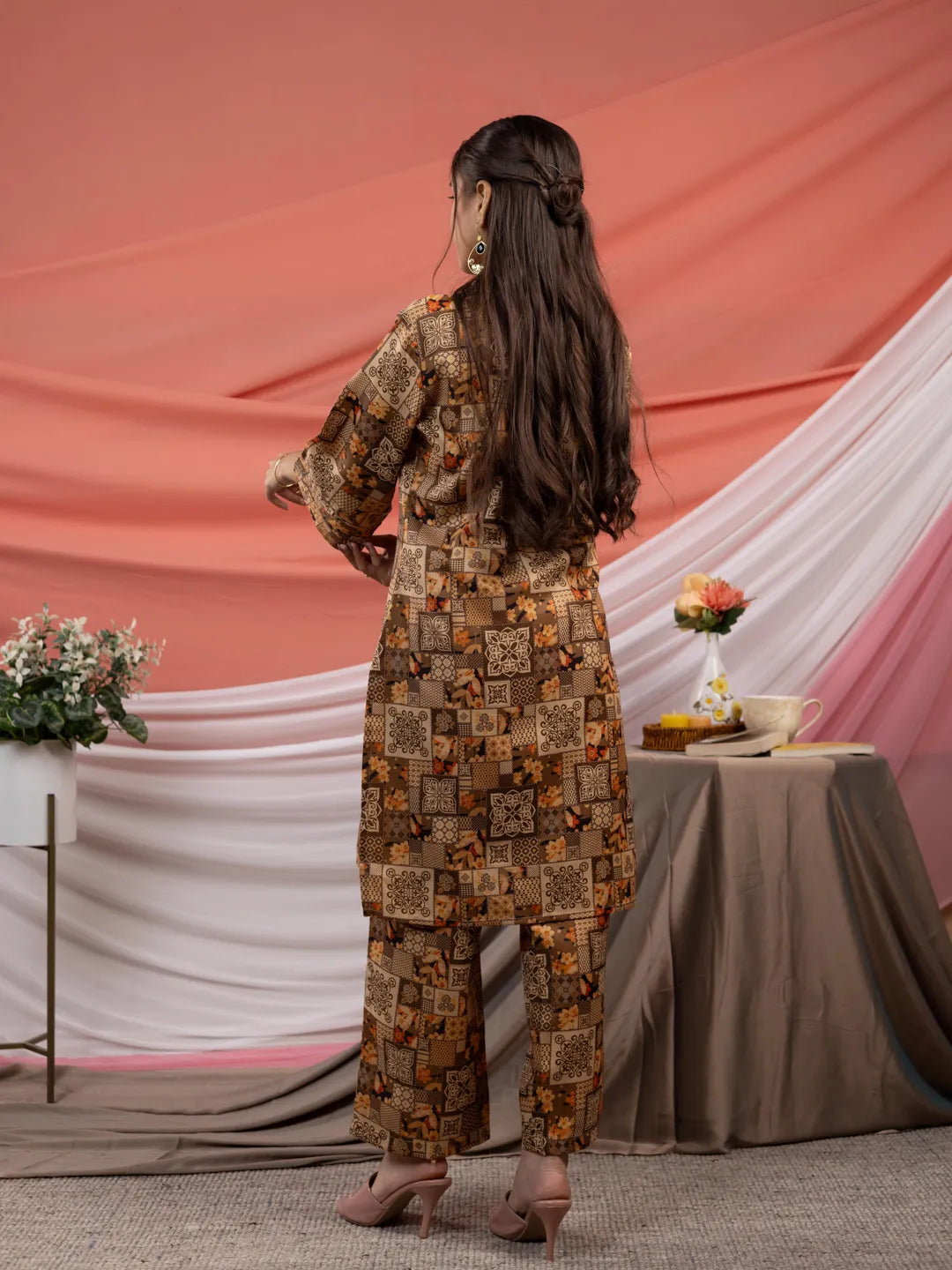 Yufta Cotton Brown Digital Printed Workwear Co-Ord Set With Pintuck Detailing On Sleeves | Grocsy